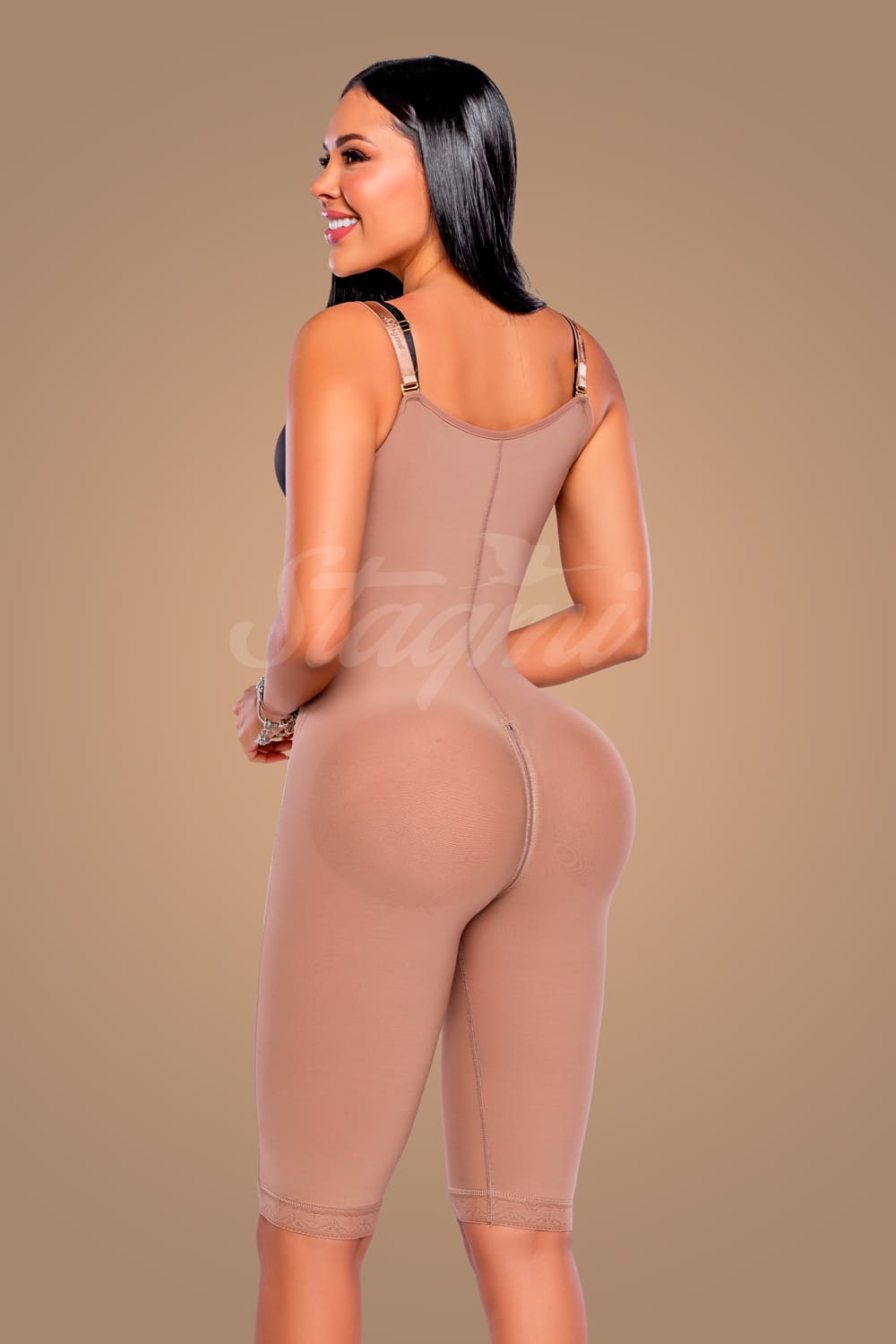 fajas colombiana larga stagmi con broches cocoa, especial para moldeal abdomen y piernas